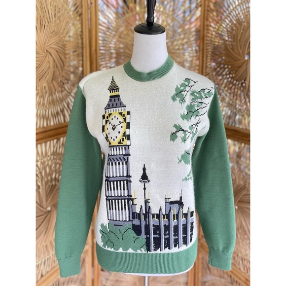 Vintage JC Penney  Acrylic Green Knit London Big Ben Clock Graphic Sweater - Picture 2 of 6